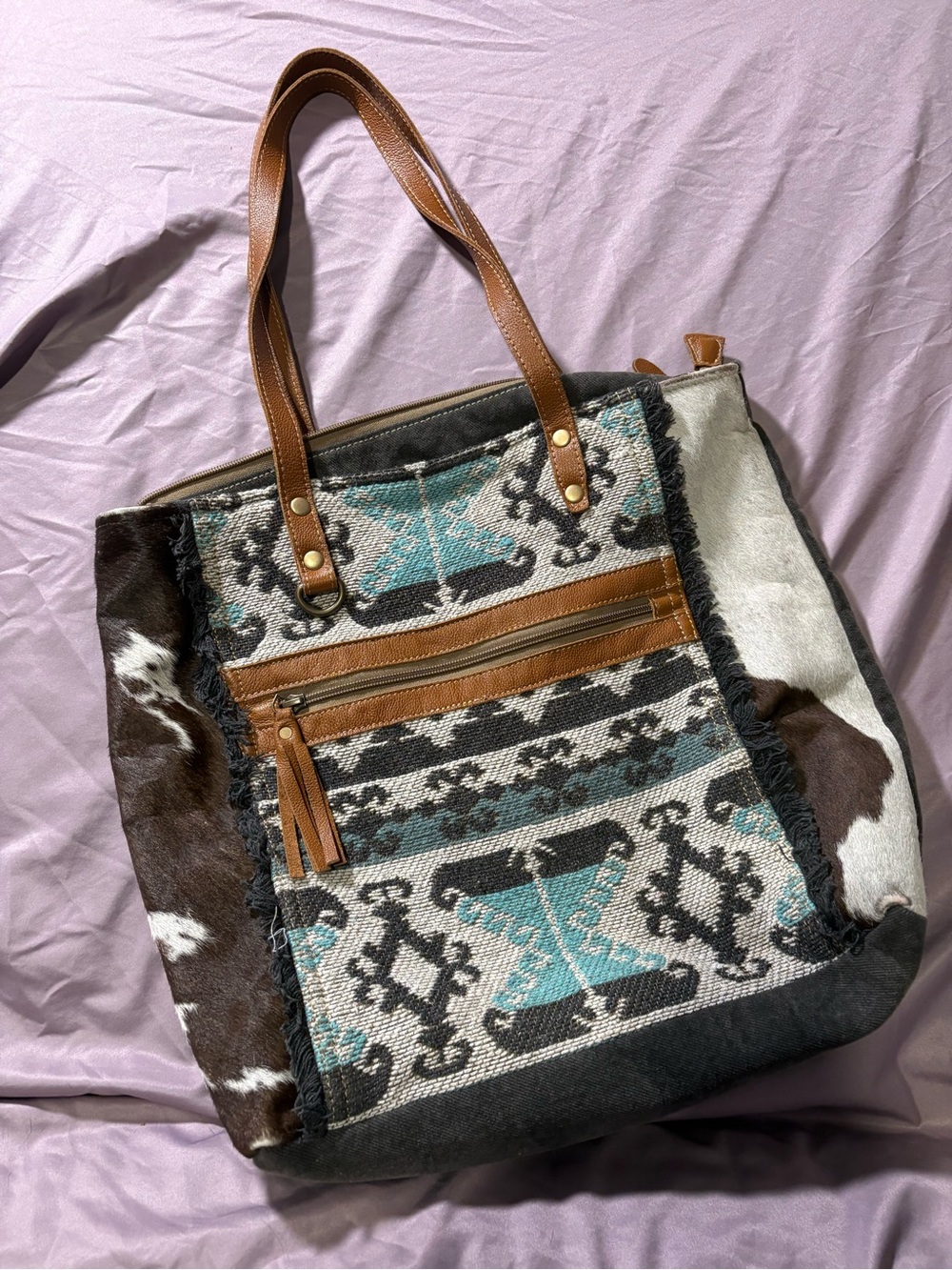 Myra Bag Turquoise, Brown & Black Southwestern Cowhide Tote